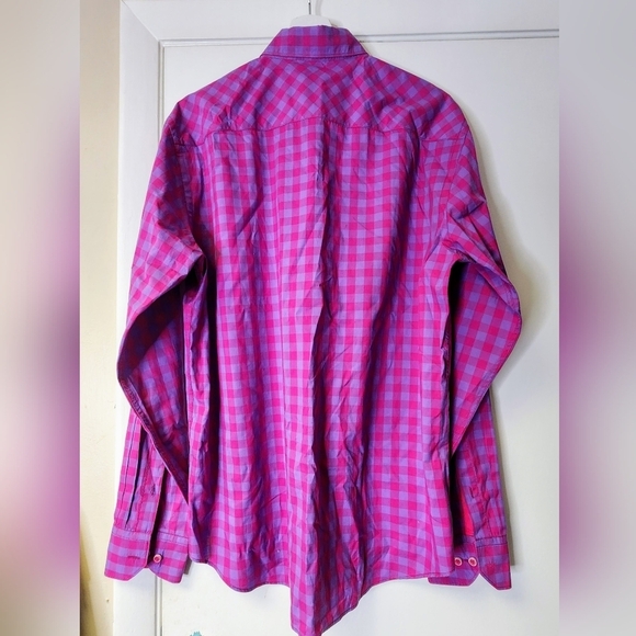 BUGATCHI Shaped Fit Purple And Pink Checkered Long Sleeve Button Shirt Size L - Picture 3 of 11